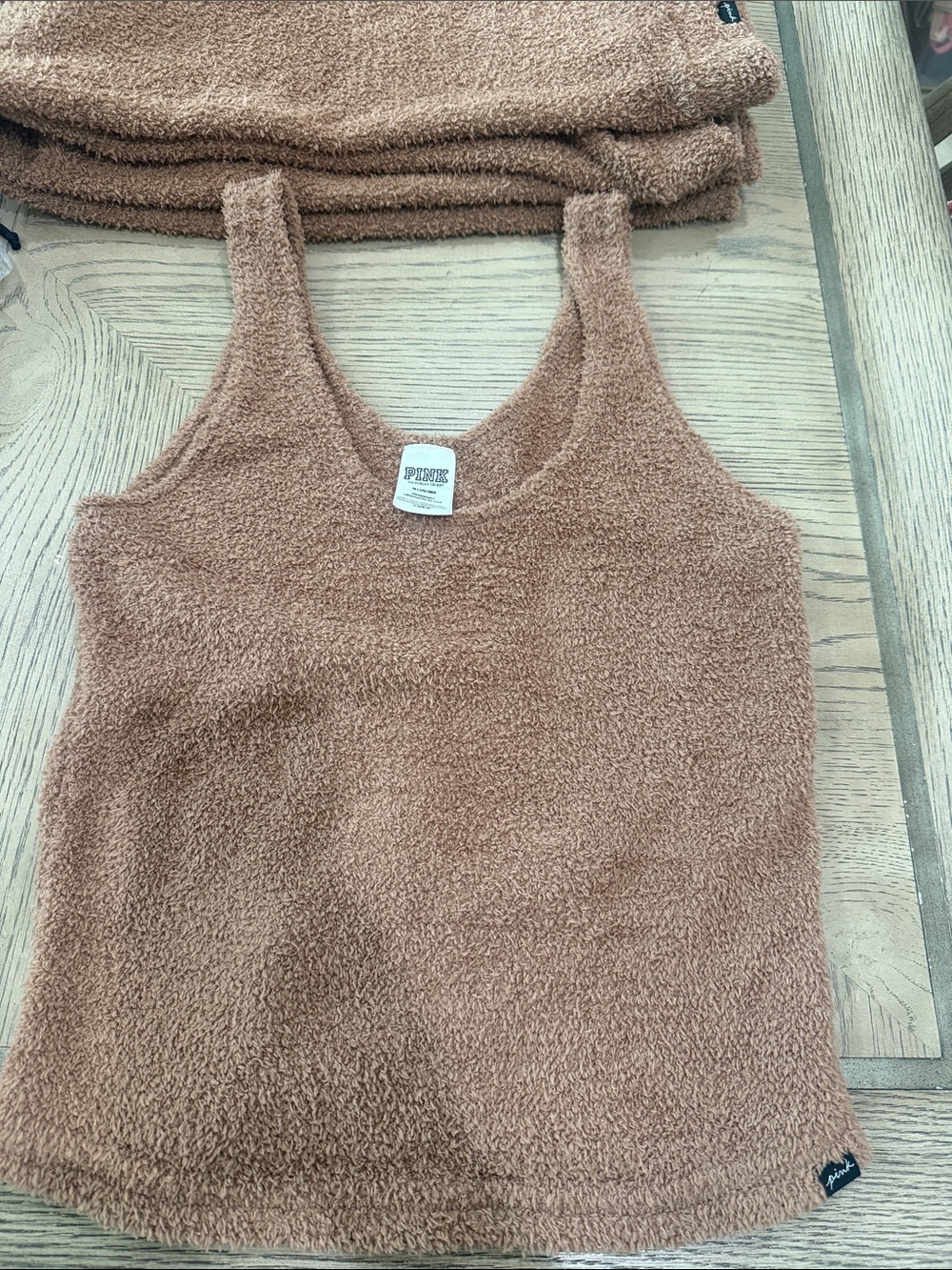 PINK Victoria's Secret Cozy Fuzzy Tank & Shorts Set - Brown - Picture 2 of 6